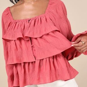Lulus Tier Decadence Pink Tiered Ruffled Long Sleeve Button-up Top - Size M